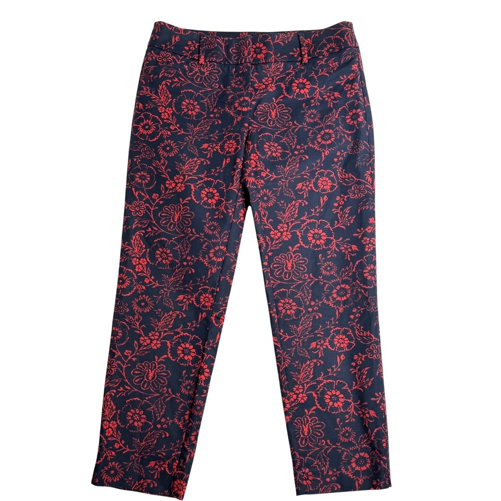 LOFT Marisa Floral Damask Slim Cropped Pants Navy Red Womens 0
